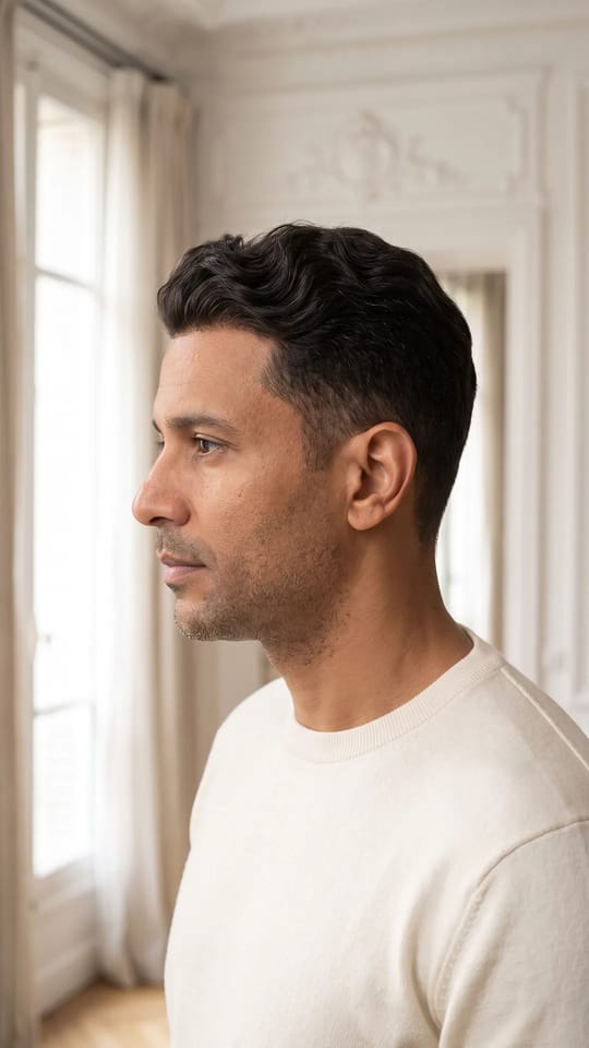 Perruque homme coupe nette : Système capillaire d'homme en coupe courte nette, légèrement ondulé sur le dessus, côtés dégradés, naissance des cheveux naturelle, brun très foncé.