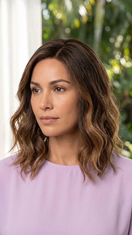 Perruque lob ondulé ombré : Lob ondulé à la clavicule, dégradé de couleur ombré du brun foncé aux pointes caramel, ondulations souples et naturelles.