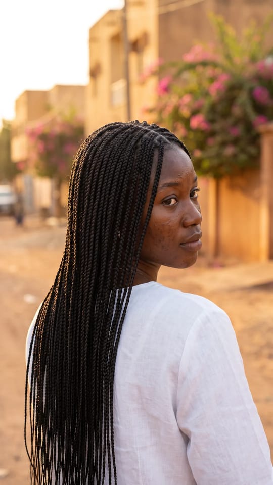 Perruque tressée knotless : Perruque tressée en longues knotless braids fines jusqu'à la taille, raie nette au milieu sur la dentelle, noir, pointes effilées.