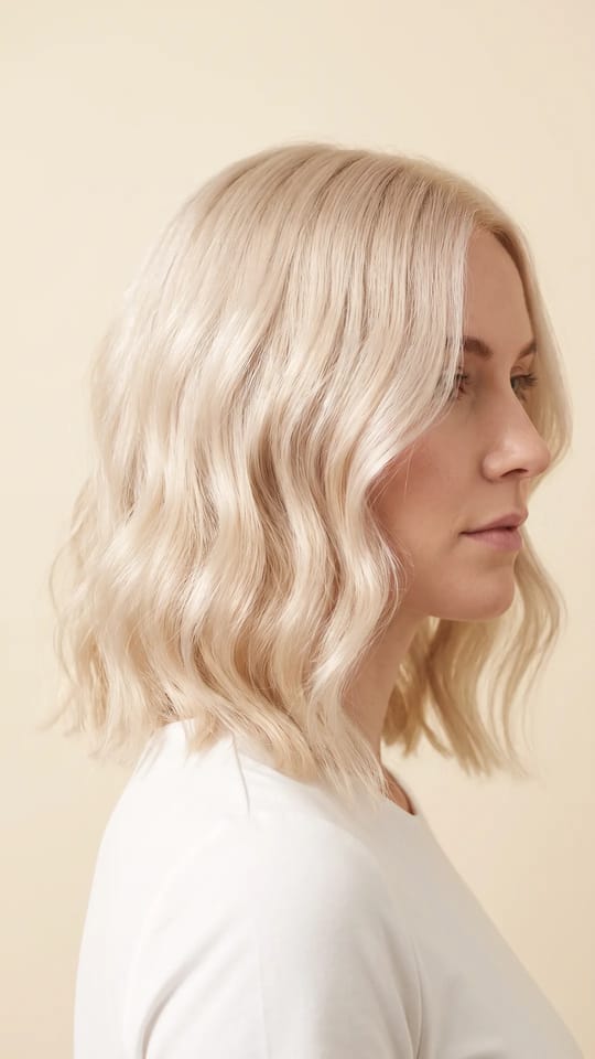 Blond réparé, fibre renforcée : Cheveux blonds décolorés réparés par un soin reconstructeur : fibre lisse et dense, pointes saines, éclat doux sans casse.