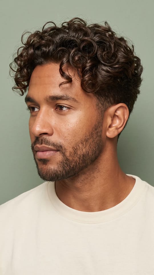Boucles d'homme souples et brillantes : Boucles d'homme souples, définies et brillantes après un soin hydratant, cuir chevelu net, texture saine.