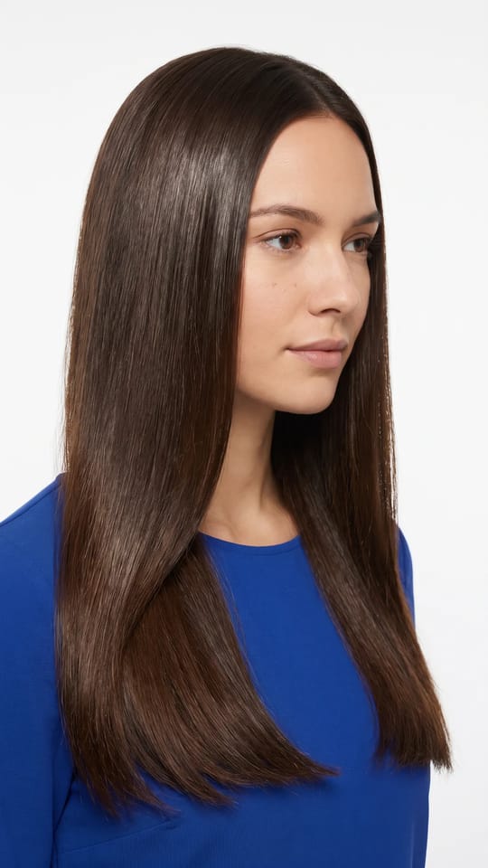 Cheveux brillants effet miroir : Cheveux longs lisses et ultra brillants après un soin gloss : fibre lissée, reflets miroir du haut en bas, aucun frisottis.