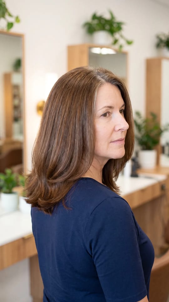Cheveux plus denses et fournis : Cheveux plus denses et pleins de corps grâce à un soin du cuir chevelu : racines fortes, volume souple, longueur aux épaules, brillance saine.