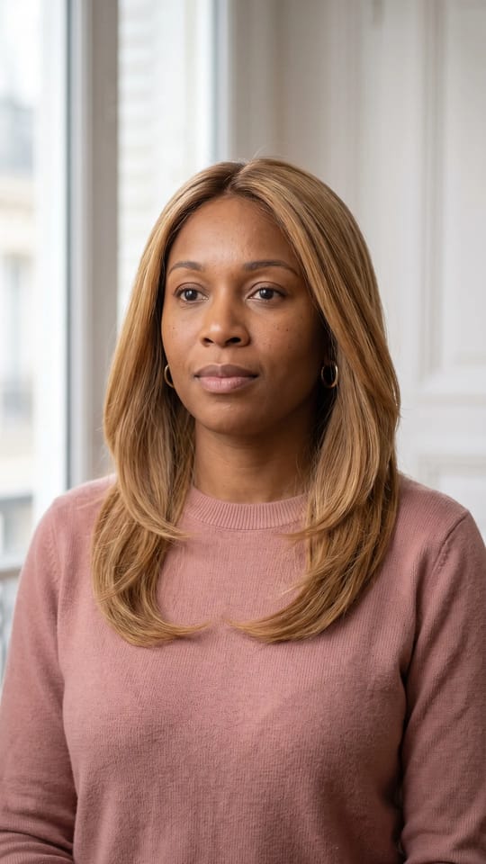 Tissage blond miel : Tissage lisse blond miel, racines un peu plus foncées, longueur sous les épaules, dégradés souples et brillance.