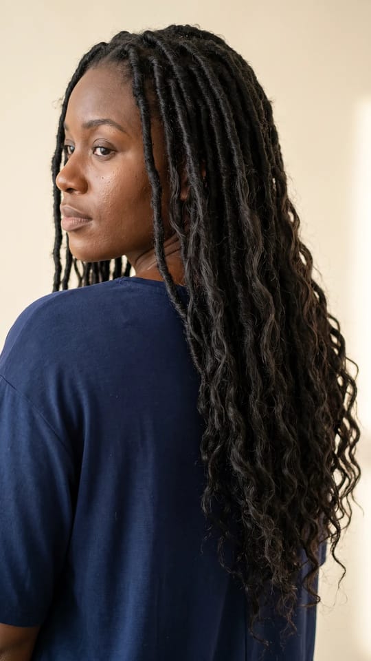 Faux locs et tissage moitié-moitié : Moitié-moitié : faux locs qui encadrent le visage et tissage ondulé à l'arrière, longueur mi-dos, noir naturel.