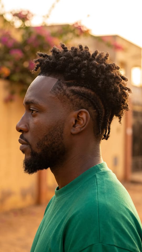 Tissage homme boucles dessus : Tissage d'homme : boucles souples et définies de 10 cm sur le dessus, cousues sur des nattes collées, côtés dégradés, ligne de front nette.