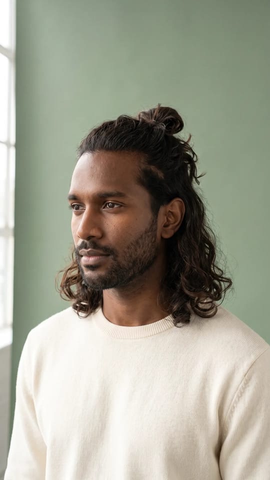 Tissage homme ondulé : Tissage d'homme ondulé aux épaules, ondulations souples, relevé en petite demi-queue, brun très foncé.