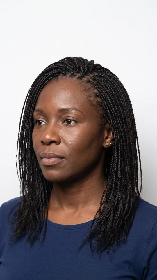 Micro-tresses et tissage au sommet : Micro-tresses fines avec des mèches tissées au sommet pour plus de volume, longueur épaules, légères sur le cuir chevelu.