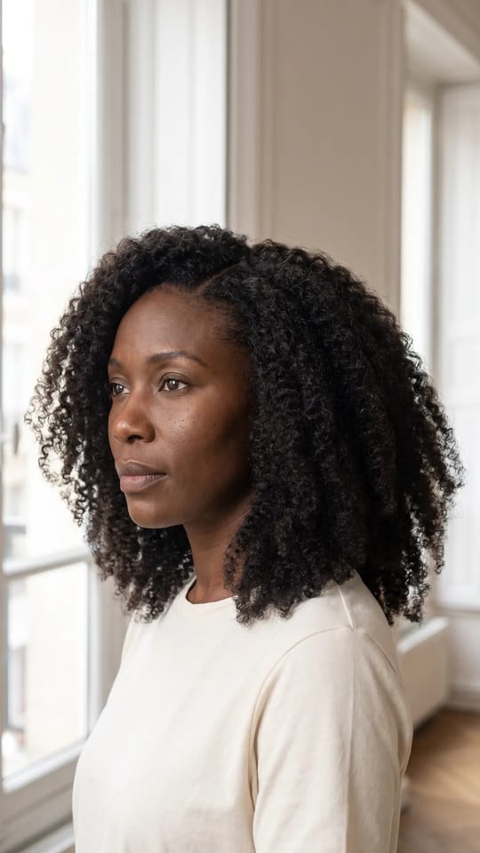 Tissage 4C volumineux : Tissage 4C kinky curly au volume généreux, longueur épaules, fondu avec les cheveux naturels, sans raccord visible, noir naturel.