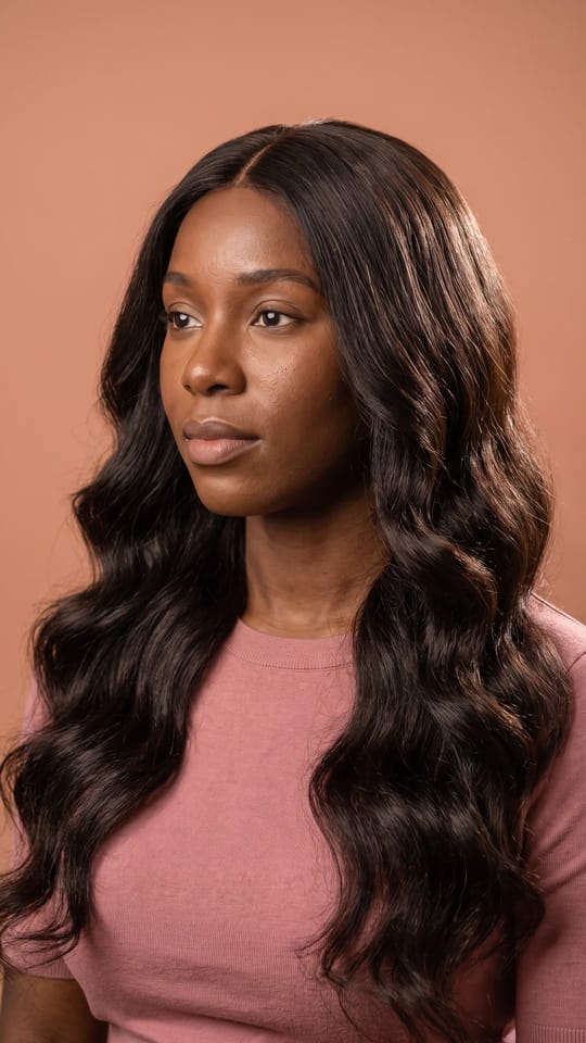 Tissage top closure body wave : Tissage avec top closure en body wave, ondulations souples et brillantes, longueur mi-dos, raie au milieu d'aspect naturel.