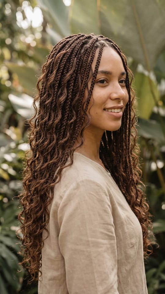 Boho knotless braids : Knotless braids longues avec des mèches bouclées libres glissées tout le long, effet bohème aérien, brun chocolat, longueur taille.