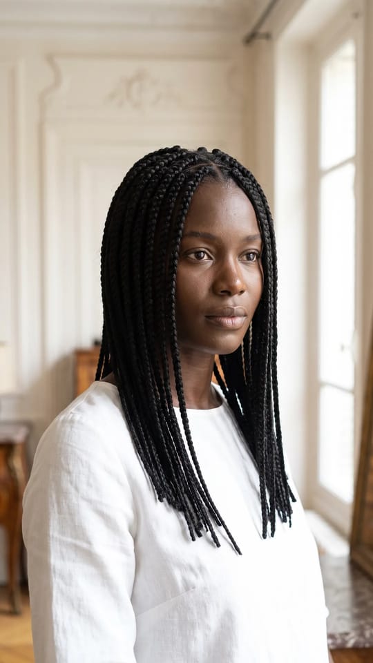 Box braids classiques : Box braids classiques moyennes, petit nœud à la racine, raies carrées régulières, longueur sous les omoplates, noir profond, pointes droites scellées sans boucles, portées libres avec une raie au milieu.
