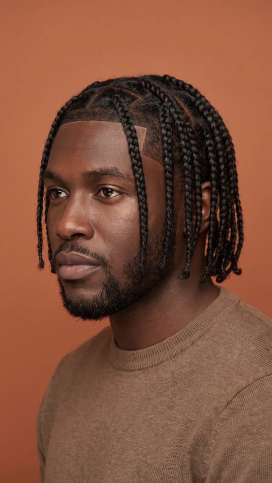 Box braids homme mi-longues : Box braids homme moyennes, raies carrées nettes, longueur menton à épaules, portées libres et ramenées en arrière, contour du front net.