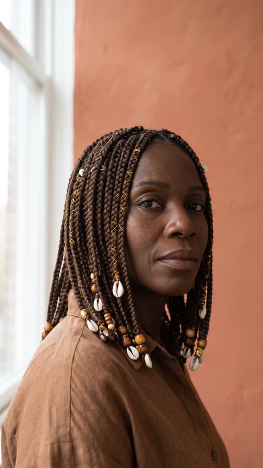 Tresses ornées de cauris : Box braids moyennes ornées de cauris blancs, de perles en bois et de quelques fils dorés, longueur épaules, noir.
