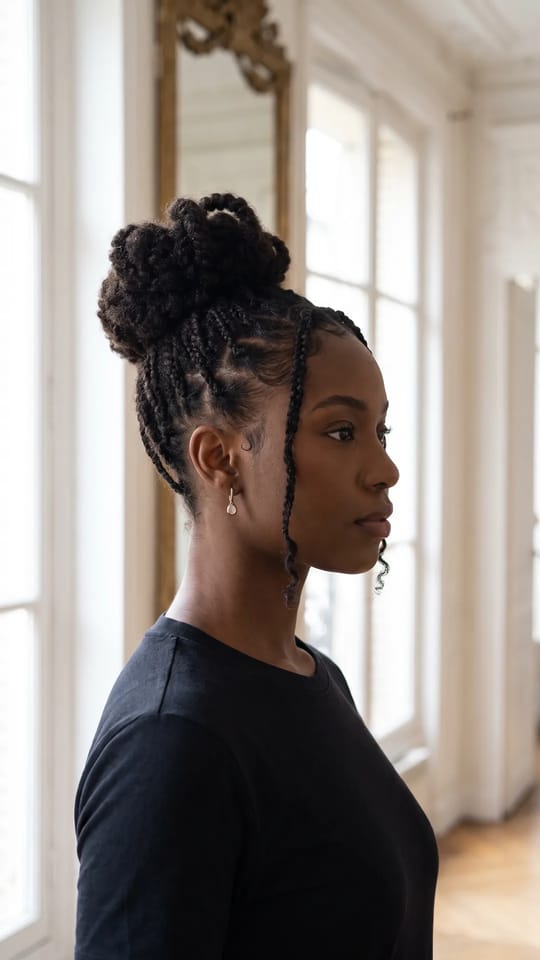 Chignon haut de tresses : Knotless braids fines relevées en chignon haut sculpté au sommet du crâne, deux tresses fines laissées libres pour encadrer le visage, noir.