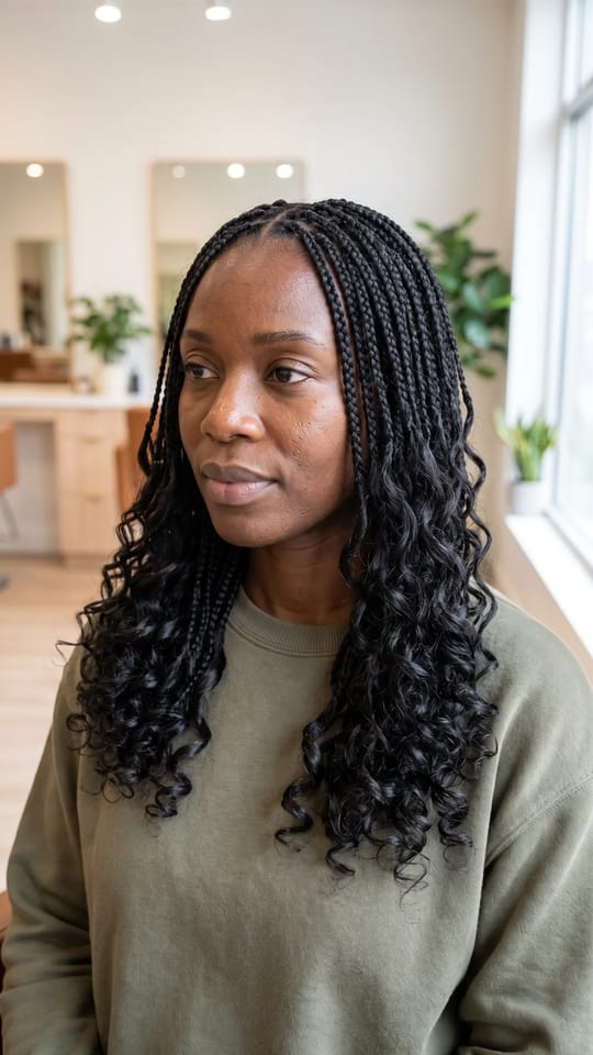 French curl braids longues : Tresses fines dont la moitié inférieure s'ouvre en longues boucles French curl souples et brillantes, longueur poitrine, noir naturel.