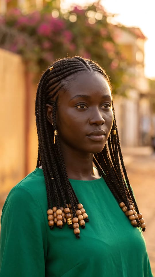 Fulani braids perles et anneaux : Fulani braids : une tresse collée au centre du crâne, tresses collées latérales vers l'avant, longues tresses libres derrière, perles en bois et anneaux dorés sur plusieurs tresses, mèches encadrant le visage.