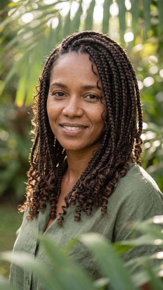 Goddess box braids : Goddess box braids moyennes avec de petites boucles qui s'échappent sur toute la longueur et des pointes bouclées ouvertes, brun foncé, longueur poitrine.