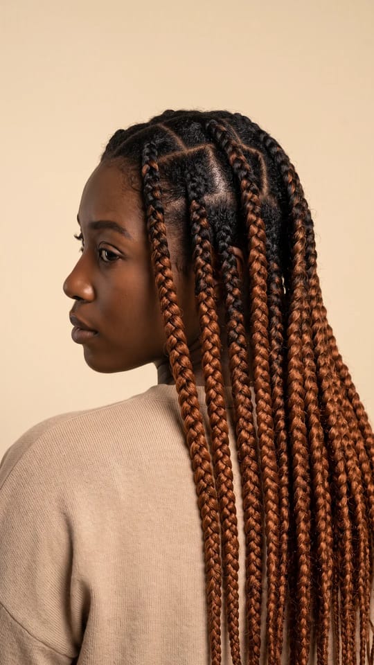 Jumbo knotless cuivrées : Grosses jumbo knotless braids, une dizaine de sections épaisses, couleur cuivre auburn chaud fondue sur racines noires, longueur mi-dos.