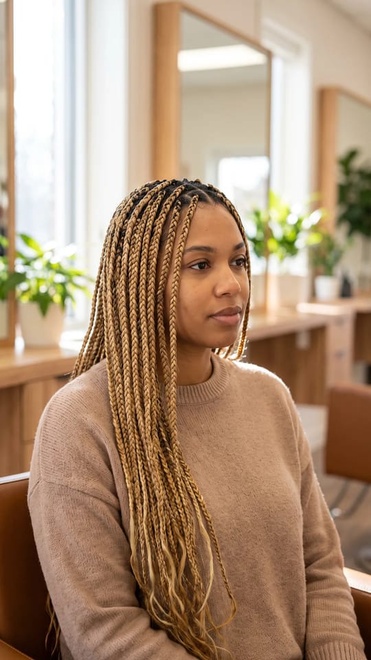 Knotless blond miel : Knotless braids moyennes en mélange blond miel et blond doré (27/613), racines brunes naturelles, longueur mi-dos.