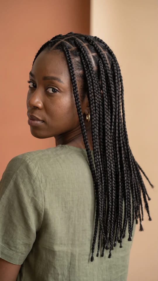Knotless braids mi-dos : Knotless braids moyennes, racines plates sans nœud, raies carrées nettes, longueur mi-dos, noir naturel 1B, pointes scellées légèrement effilées.