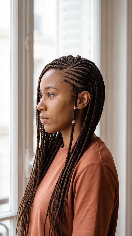 Lemonade braids sur le côté : Lemonade braids : tresses collées fines tracées en diagonale vers un côté du visage, puis longues tresses libres retombant toutes sur une épaule, brun très foncé.