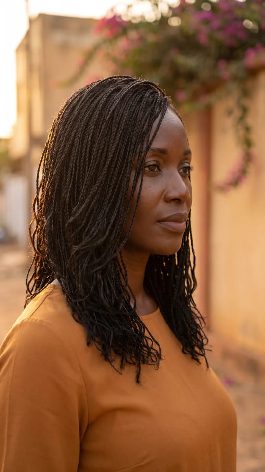 Micro braids fines : Micro tresses très fines et nombreuses, mouvement fluide comme des cheveux libres, longueur épaules, noir, raie sur le côté.