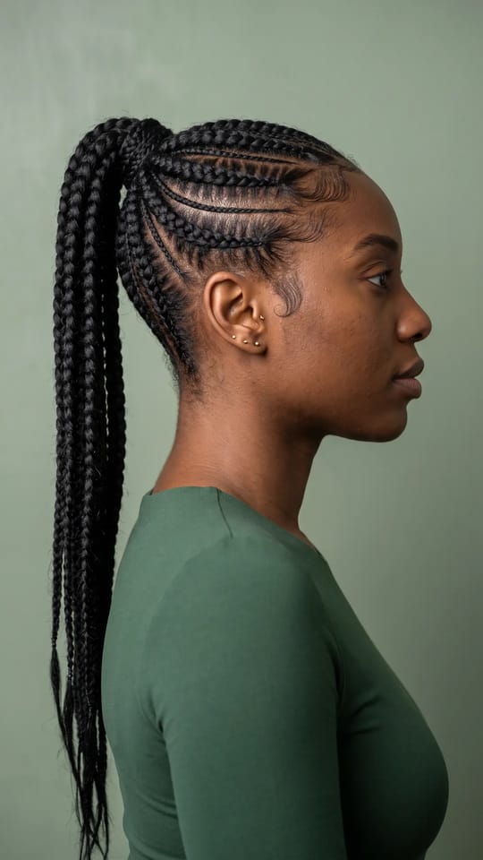 Stitch braids en queue haute : Six stitch braids collées tracées droit du front vers le sommet, effet de points réguliers bien visibles, réunies en longue queue haute tressée, baby hairs dessinés.