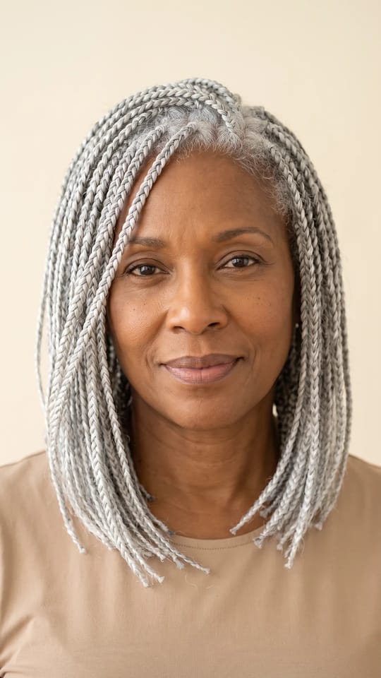 Box braids gris argent : Box braids moyennes gris argent lumineux mêlé de blanc, assorties à des racines grises naturelles, longueur épaules, portées libres.