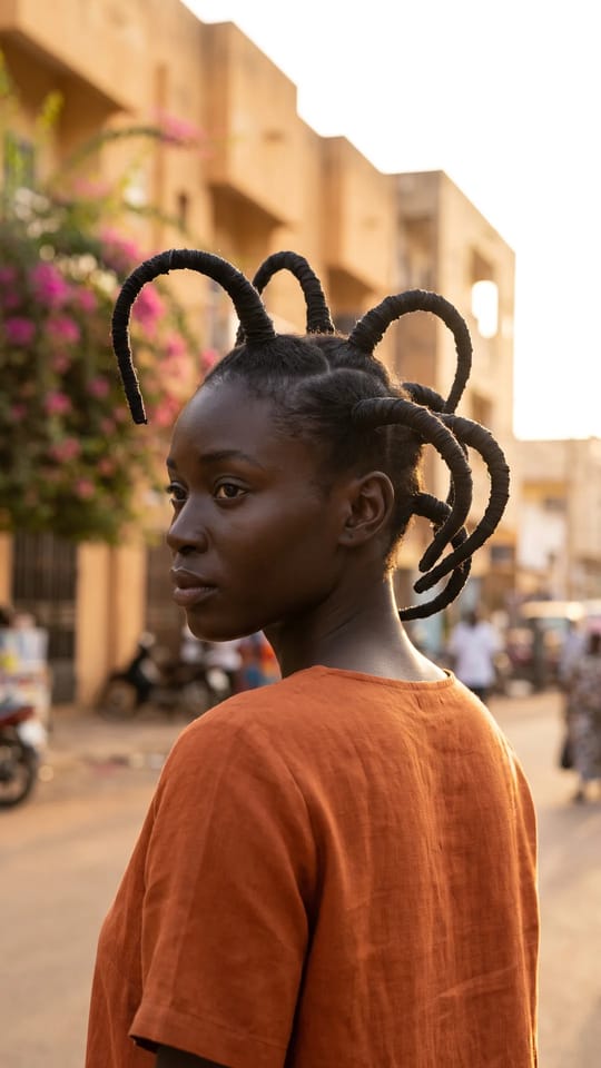 Tresses au fil : Coiffure au fil traditionnelle revisitée : mèches entourées de fil noir et dressées en antennes sculpturales arrondies au sommet de la tête.