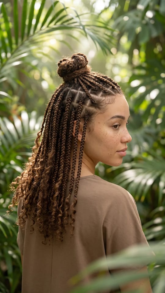 Triangle braids demi-attachées : Knotless braids moyennes à raies triangulaires, la moitié supérieure relevée en petit chignon, le reste libre jusqu'au milieu du dos, brun naturel.