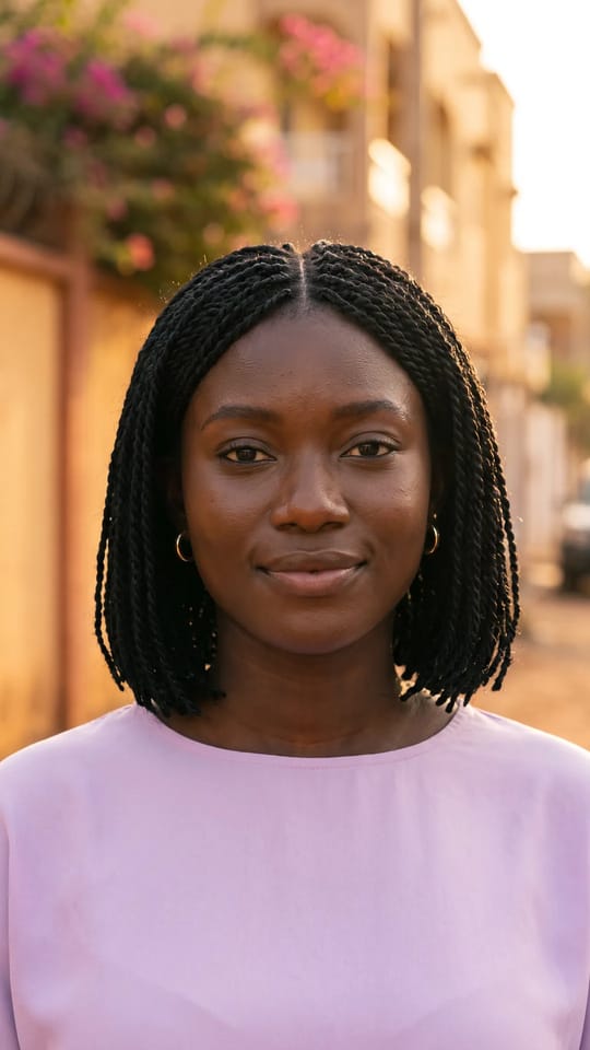 Vanilles carré court : Vanilles sénégalaises en carré court à la hauteur du menton, coupe nette, raie au milieu, noir profond, pointes lisses et légères.