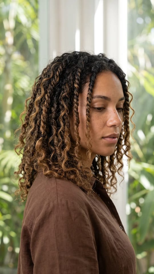 Twists bohèmes à boucles libres : Vanilles bohèmes avec des mèches bouclées laissées libres le long des twists et aux pointes, finition volontairement imparfaite, longueur épaules, noir et brun miel mélangés.