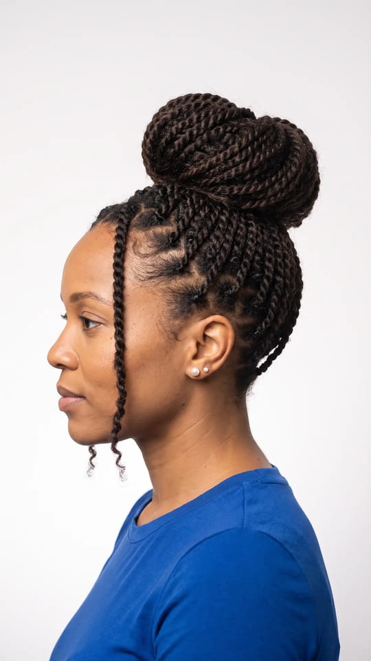 Vanilles en chignon haut : Vanilles sénégalaises relevées en chignon haut torsadé sur le sommet, nuque et cou dégagés, deux vanilles libres qui encadrent le visage.
