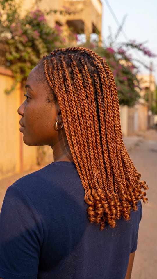 Vanilles cuivre gingembre : Vanilles sénégalaises cuivre gingembre, racines un ton plus foncé, longueur sous les omoplates, brillance chaude et pointes lisses.