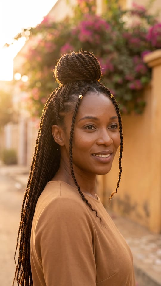 Vanilles longues demi-attachées : Vanilles sénégalaises longues jusqu'à la taille, relevées à moitié en haute queue sur le dessus de la tête, deux petites manchettes dorées, quelques vanilles libres le long du visage.