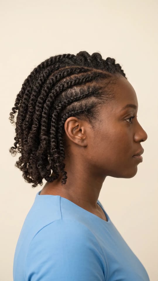 Flat twists en vague : Flat twists plaquées sur le crâne en vague souple, du front vers la nuque, sur cheveux naturels sans rajout, pointes libres en twist-out bouclé et défini.