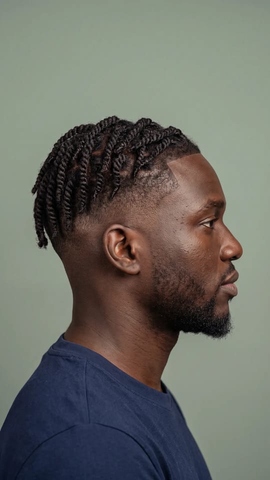 Twists homme sur dégradé : Twists deux brins d'homme sur le dessus, longueur 8 cm, définies et régulières, côtés et nuque en dégradé net, contour de la ligne de front bien dessiné.