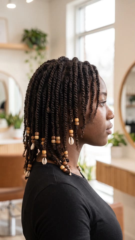 Mini-vanilles perlées : Mini-vanilles courtes sur cheveux naturels, de petites perles en bois et quelques coquillages cauris aux pointes, tons terre.