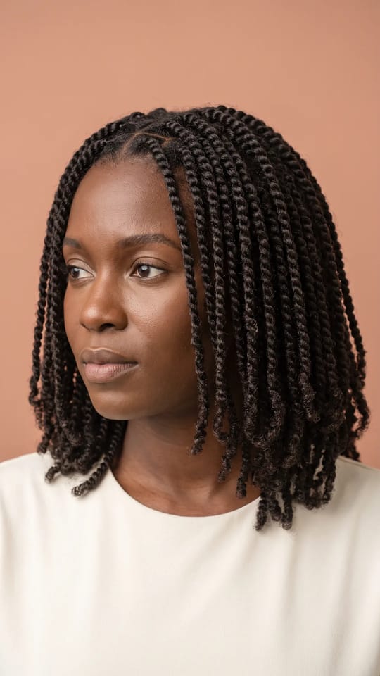 Mini-twists sur cheveux naturels : Mini-twists très fines et régulières sur cheveux naturels sans rajout, longueur épaules, définition nette et brillante, raies en quadrillage propre, pointes arrondies.