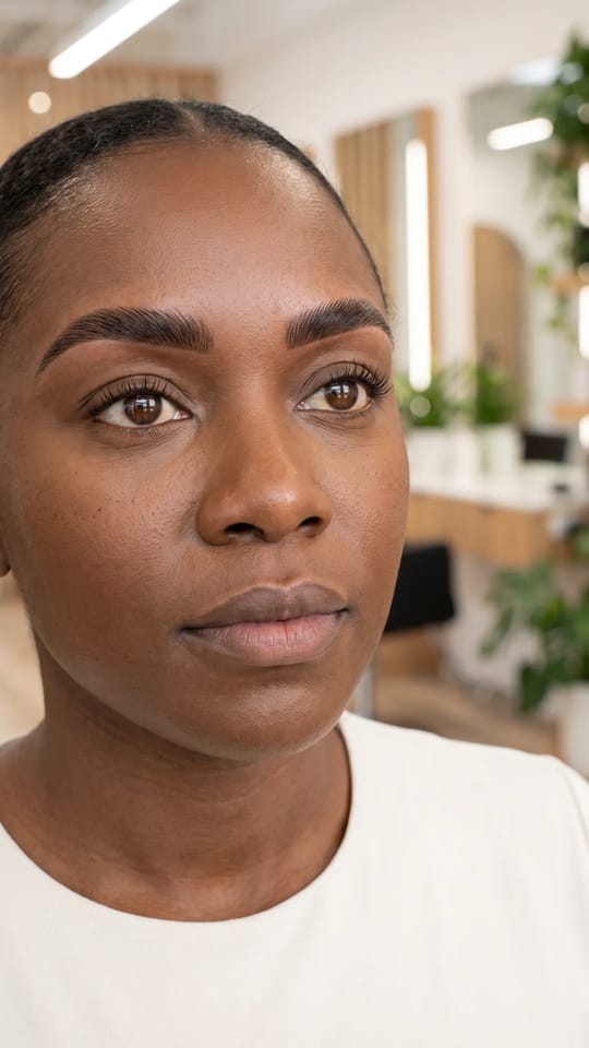 Brow lift + teinture : Brow lift suivi d'une teinture brun foncé : les poils sont brossés vers le haut, puis colorés pour un sourcil plus dense, plus net et plus intense, sans maquillage.