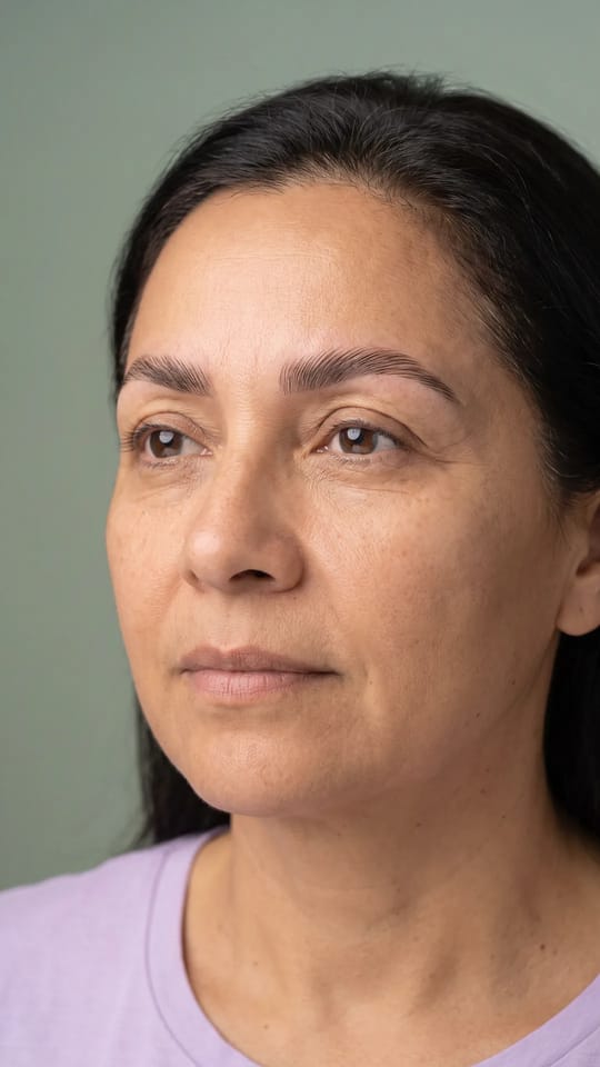 Brow lift sourcils clairsemés : Brow lift sur des sourcils clairsemés : en redressant chaque poil et en les teintant légèrement, le sourcil paraît plus fourni et mieux dessiné, sans trait de crayon.