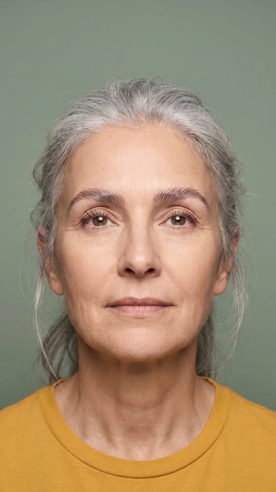 Brow lift sourcils gris argentés : Brow lift sur des sourcils gris argentés : les poils sont redressés et brossés vers le haut sans les colorer, pour un sourcil plein et lumineux qui assume sa couleur.