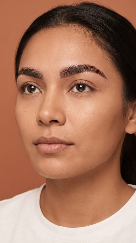 Brow lift effet fluffy : Brow lift : les poils sont redressés et brossés vers le haut, pour un sourcil plein, moelleux et lumineux, avec un léger brillant sain et une teinture discrète.