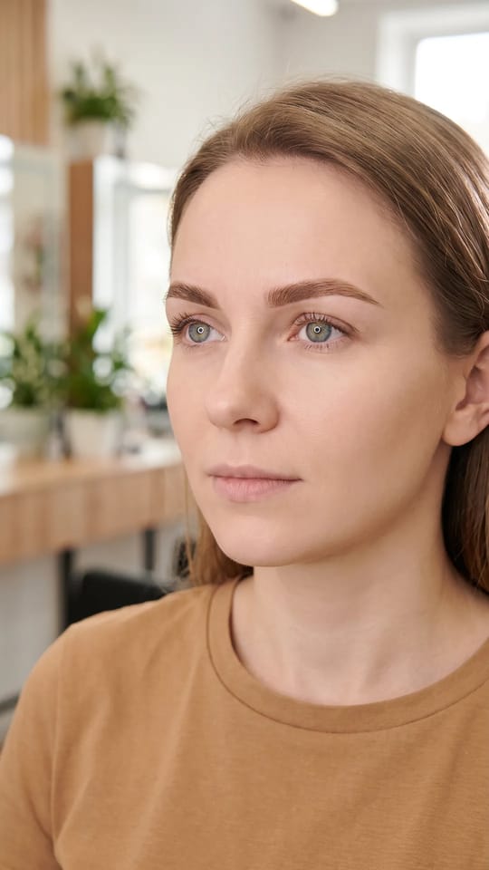 Sourcils à la cire, ligne nette : Épilation à la cire : un contour net sous l'arche et au-dessus du nez, un sourcil propre et dessiné sans être trop fin, une peau lisse tout autour.