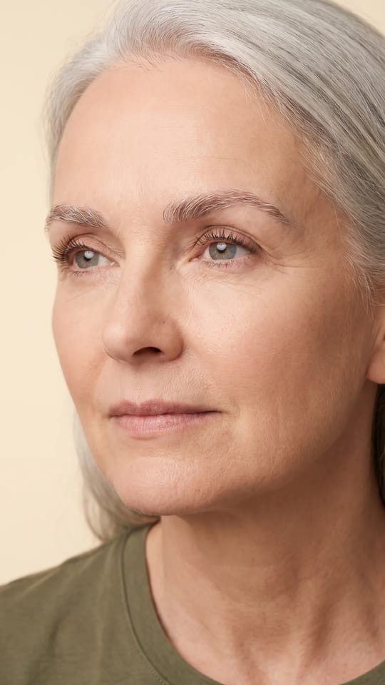 Sourcils matures, poils gris : Sourcils matures aux poils gris et blancs, nettoyés au fil et recoupés : une forme douce et bien tenue, des poils fins mais lisibles, un regard net et reposé.
