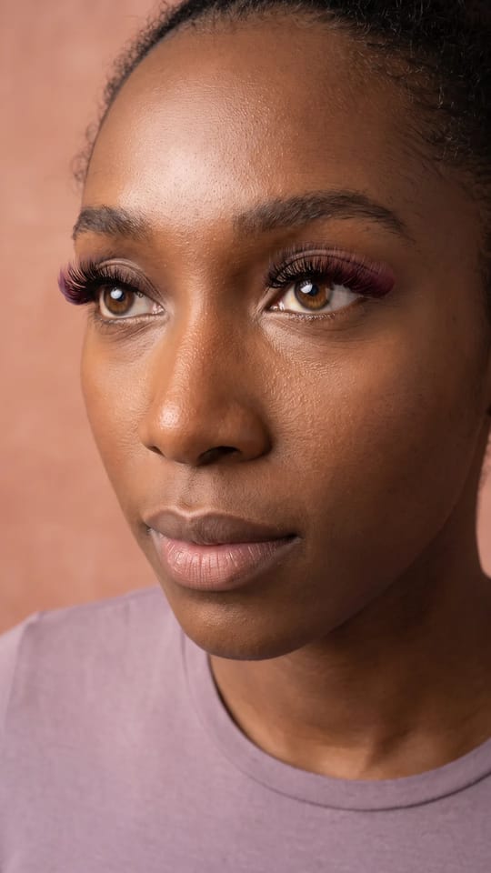 Cils ombrés bordeaux : Ombré bordeaux : base noire et pointes bordeaux en fondu très doux, volume léger 2D à 3D. Une touche de couleur chaude et raffinée plutôt qu'un effet fantaisie.