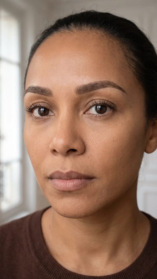 Combo brows, poil et poudré : Combo brows cicatrisés : des traits de poil sur la tête et l'arche pour la forme, un voile poudré sur la queue pour la densité. Un sourcil plein, plus durable.