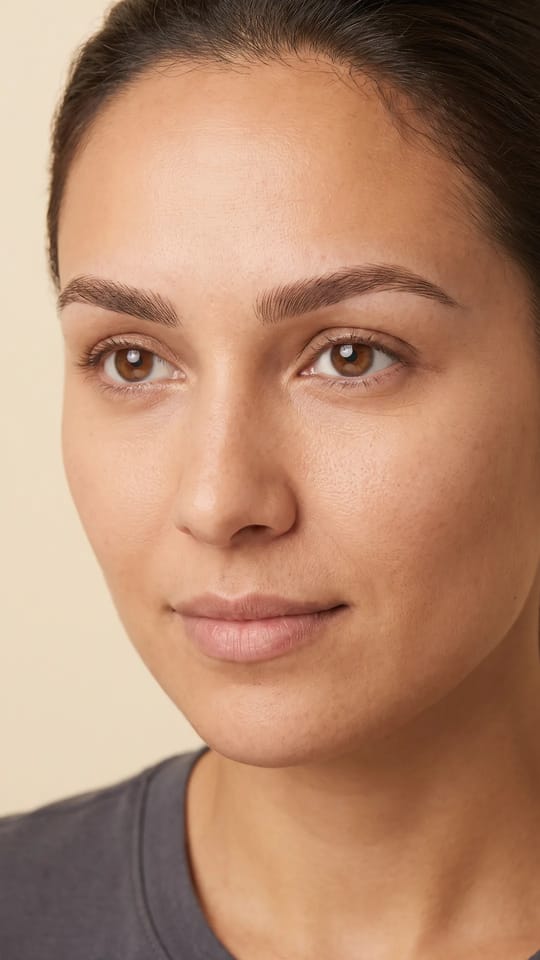 Microblading poil à poil : Microblading poil à poil après cicatrisation complète : de fins traits en éventail imitent de vrais poils, dans le sens naturel de pousse, en brun doux. Un sourcil plein et réaliste.