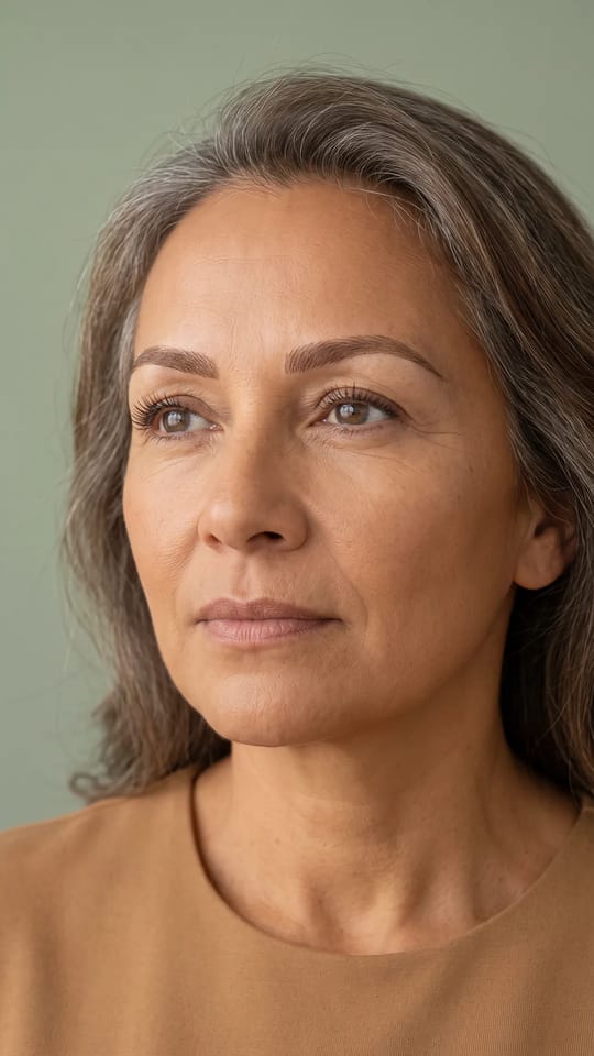 Sourcils reconstruits après 55 ans : Microblading cicatrisé sur des sourcils qui se sont éclaircis avec l'âge : des traits fins et doux retracent la forme et comblent les vides, en brun nuancé plutôt qu'en noir.